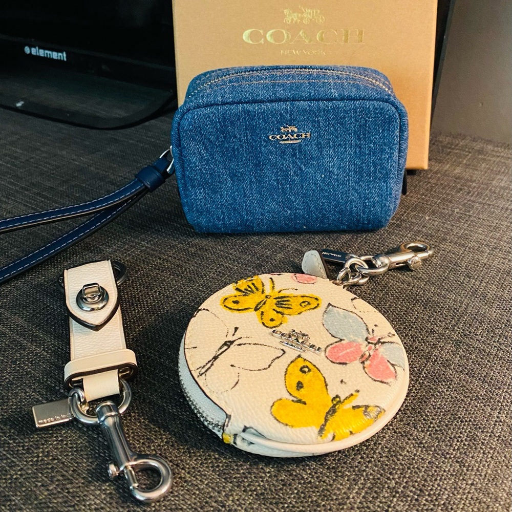 Coach Blue Denim Wristlet, Butterfly Coin Purse,Trigger Snap bag charm